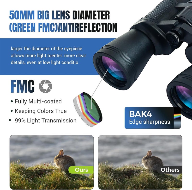 Wulakeo 30x50 High Powered Binoculars for Adults, Waterproof Compact Binoculars with Low Light Vision for Bird Watching Hunting Football Games Travel Stargazing Cruise, Christmas Birthday Gifts for Men - Image 3